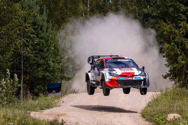 Kalle Rovanpera of Finland and his co-driver Jonne Halttunen compete in their Toyota Yaris Rally1 HYBRID during the Otepaa stage of the Rally Estonia, eighth round of the FIA World Rally Championship on July 22nd, 2023 near Tartu, Estonia. (Photo by Timo Anis/AFP Photo)