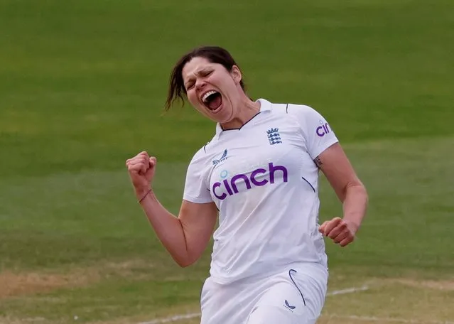 England's Alice Davidson-Richards celebrates after taking the wicket of South Africa's Nadine de Klerk during Women's International Test Match, County Ground, Taunton, Britain on June 27, 2022. (Photo by Andrew Couldridge/Action Images via Reuters)