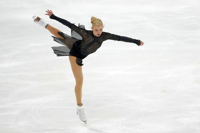 Amber Glenn, of the United States, competes in the women's short program segment at the ISU Grand Prix of Figure Skating, Friday, November 1, 2024, in Angers, France. (Photo by Aurelien Morissard/AP Photo)