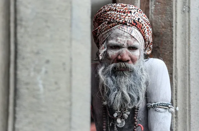 An Indian sadhu or holy man looks on as he seats near the banks of the Godavari River during the Kumbh Mela festival in Nasik, India, August 30, 2015. Kumbh Mela, or the Kumbh Festival, is one of the biggest festivals in India, celebrated after twelve years in Nasik, during which Sadhus perform several rituals. (Photo by Divyakant Solanki/EPA)