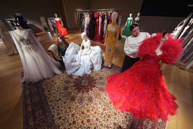 An Angelina Jolie Worn custom made gown (custom made for her for the premiere of “Maleficent: Mistress of Evil” in London, 2019), estimate £5,000 – £8,000; a Zendaya Worn Ballgown (worn for a photo shoot with W Magazine in 2017), estimate £4,000 – £6,000; a Nicole Kidman worn gown (worn by her to the GQ Awards in 2019), estimate £3,000 – £5,000, and an Anne Hathaway worn ballgown and bolero (worn to the virtual premiere of “The Witches” in London, during the COVID-19 pandemic), estimate £5,000 – £8,000, on display at Bonhams in London, part of the Couture Archive of Ralph and Russo sale on January 21, 2025, 2020. (Photo by Yui Mok/PA Images via Getty Images)