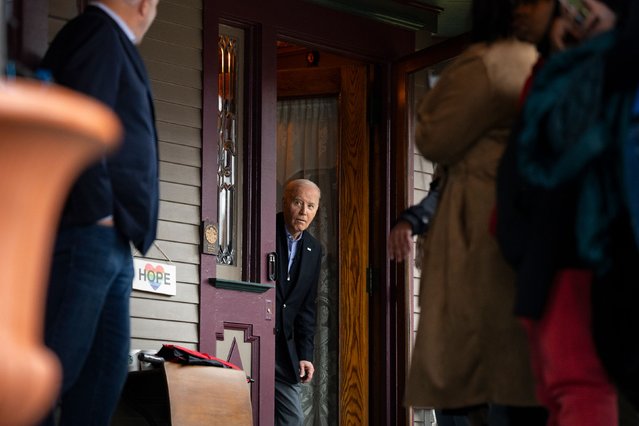 President Joe Biden looks out at a crowd as he arrives to greet people during a campaign event in Saginaw, Michigan, on Thursday, March 14, 2024. (Photo by Maansi Srivastava/The New York Times/Redux)