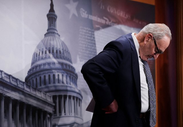 U.S. Senate Minority Leader Chuck Schumer (D-NY) looks down during a press conference following a Senate vote, hours before a partial government shutdown is set to take effect on Capitol Hill in Washington on September 30, 2025. (Photo by Jonathan Ernst/Reuters)