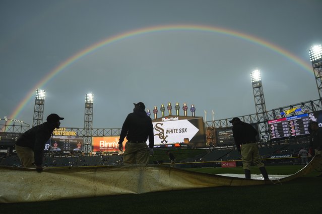 A double rainbow forms over Rate Field during a rain delay before a baseball game between the Detroit Tigers and Chicago White Sox, Wednesday, June 4, 2025, in Chicago. (Photo by Erin Hooley/AP Photo)