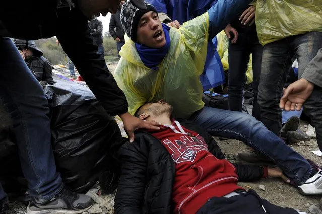 A migrant man collapses during a demonstration as migrants wait to cross the Greek-Macedonian borders near the village of Idomeni, Greece, November 22, 2015. (Photo by Alexandros Avramidis/Reuters)
