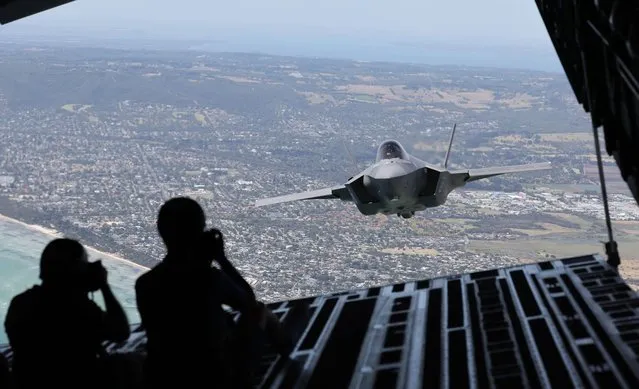 The RAAF F-35A flies over Melbourne during a media preview ahead of the 2023 Australian International Airshow on February 24, 2023 in Melbourne, Australia. The Australian International Airshow opens to the public March 3 – March 5, 2023. (Photo by Alex Coppel/Getty Images)