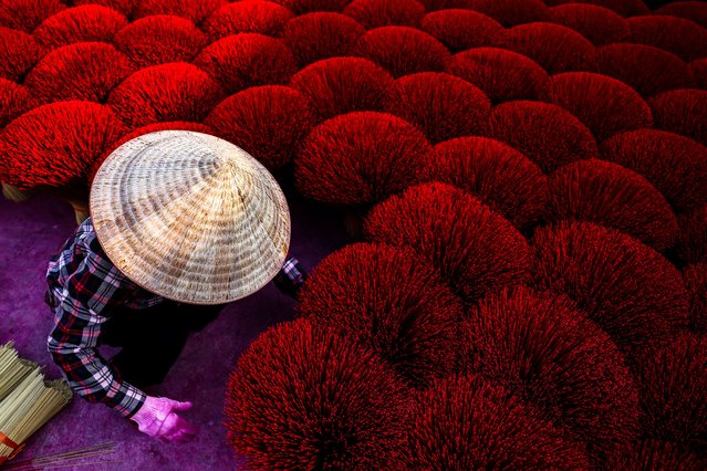A worker arranges incense sticks to be dried in a courtyard ahead of the Lunar New Year celebrations in Quang Phu Cau village, outside Hanoi, Vietnam, on January 20, 2025. (Photo by Athit Perawongmetha/Reuters)
