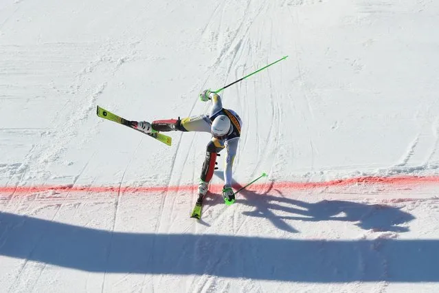 Norway's Sebastian Foss Solevaag crosses the finish line to win the men's slalom, at the alpine ski World Championships, in Cortina d'Ampezzo, Italy, Sunday, February 21, 2021. (Photo by Marco Tacca/AP Photo)