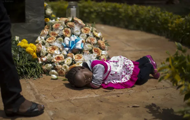 Nicole Tashly, 2, lies quietly on the ground holding the white rose her mother Esther Muthoni, left, instructed her to lay at the memorial monument while they remember her father Paul Muriithi Muriuki who died in the Westgate Mall attack, as they and other families of the victims lay flowers and remember, at the Amani Garden memorial site in the Karura Forest in Nairobi, Kenya Sunday, September 21, 2014. (Photo by Ben Curtis/AP Photo)