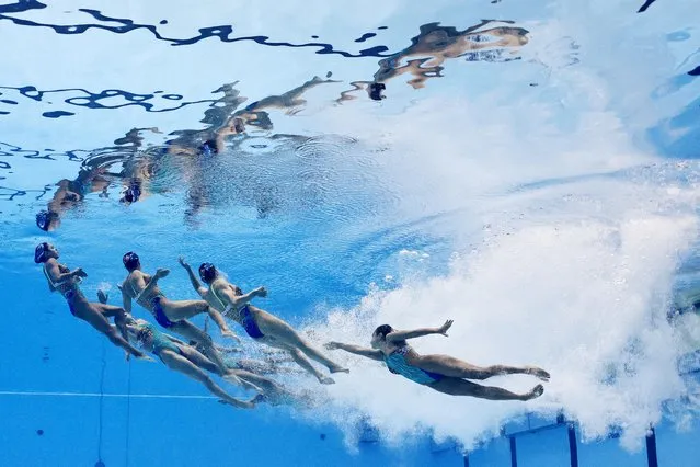 The U.S. team performs during the team free preliminary at the 2023 World Aquatics Championship at Marine Messe Fukuoka Hall A in Fukuoka, Japan on July 20, 2023. (Photo by Stefan Wermuth/Reuters)