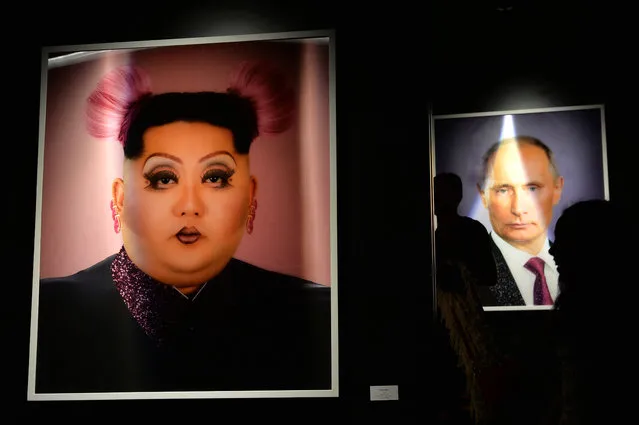 Artworks that depicts North Korean leader Kim Jong Un (L) Russian President Vladimir Putin (R) are displayed at an art exhibition “MonuMental” by an anonymous artist who goes by the name Saint Hoax at the Dome City Center known as “The Egg” in downtown Beirut, Lebanon, 13 October 2018. Saint Hoax is a pseudonymous Syrian artist who depict political figures and pop culture icons. (Photo by Wael Hamzeh/EPA/EFE)