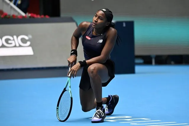 USA`s Coco Gauff reacts during her women's singles match against Russia's Veronika Kudermetova of the WTA China Open tennis tournament in Beijing on October 5, 2023. (Photo by Pedro Pardo/AFP Photo)