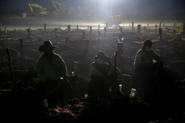 Gravediggers take a break as they work at the burial area provided by the government for coronavirus disease (COVID-19) victims, in Jakarta, Indonesia, June 28, 2021. (Photo by Willy Kurniawan/Reuters)