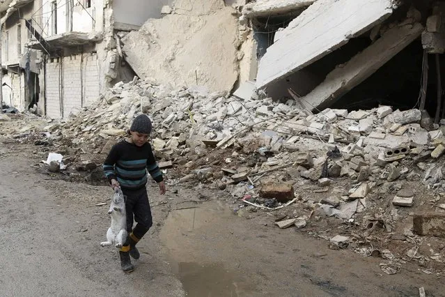 A boy walks holding a rabbit beside damaged buildings in Aleppo December 31, 2014. Picture taken December 31, 2014. (Photo by Hamid Khatib/Reuters)