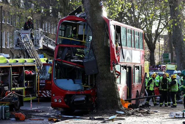 London number 59 Bus which crashed on the Kennington Road on December 20, 2013 in London, England. The incident occurred around 10.50am on the Kennington Road  while the bus was enroute route to King's Cross. Early reports suggest 19 people have been injured with two in critical condition. (Photo by Danny E. Martindale/Getty Images)