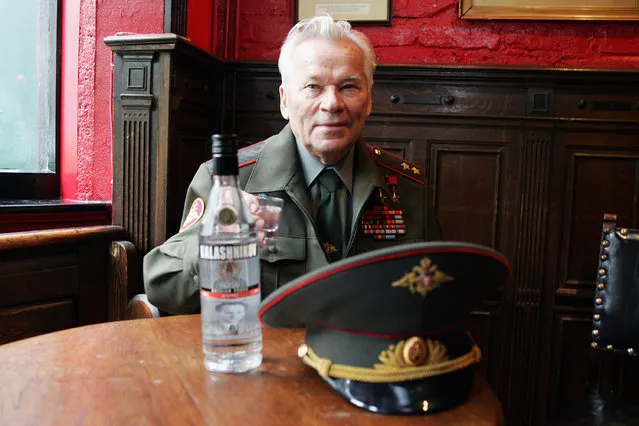 Inventor of the AK-47 assault rifle, General Mikhail Kalashnikov, launches the new brand of Kalashnikov Vodka, on September 20, 2004 in London, England. (Photo by Getty Images)