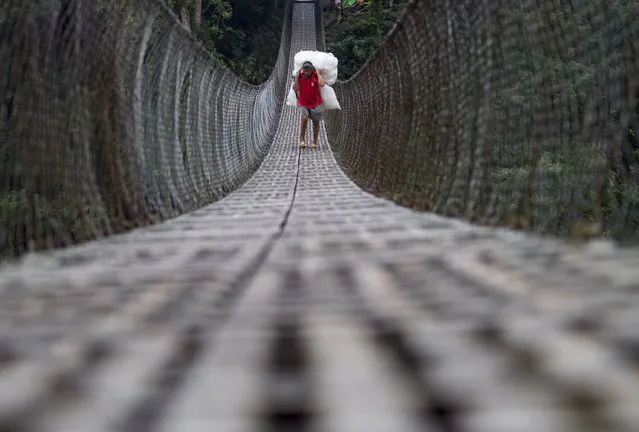 A Nepalese farmer carries a bundle containing his agriculture products as he crosses the Trishul river on a suspension bridge in the Dhading District, some 90 kilometers from the capital Kathmandu, Nepal, April 13, 2015. (Photo by Narendra Shrestha/EPA)