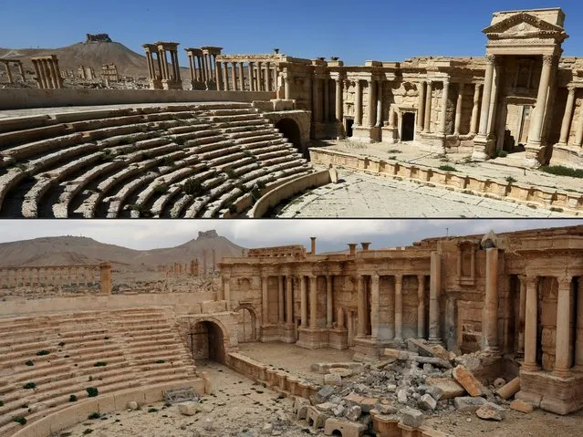 This combination of pictures created on March 3, 2017 shows a file photo taken on March 31, 2016, (top) of the amphitheatre in the ancient city of Palmyra in central Syria, and a photo (bottom) taken on March 3, 2017, of the amphitheatre displaying damage. (Photo by Joseph Eid/AFP Photo/Stringer)