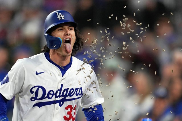 Los Angeles Dodgers' James Outman celebrates after hitting a home run during the second inning of a baseball game against the Miami Marlins in Los Angeles, Monday, May 6, 2024. Gavin Lux also scored. (Photo by Ashley Landis/AP Photo)