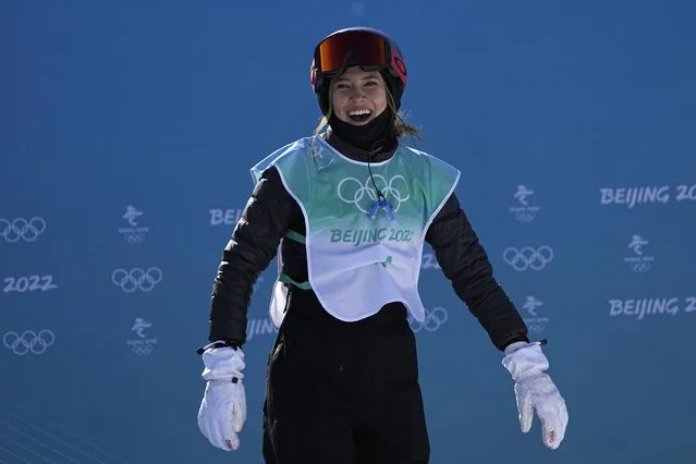 Eileen Gu of China reacts after her run in the women's freestyle skiing Big Air qualification round of the 2022 Winter Olympics, Monday, February 7, 2022, in Beijing. (Photo by Jae C. Hong/AP Photo)