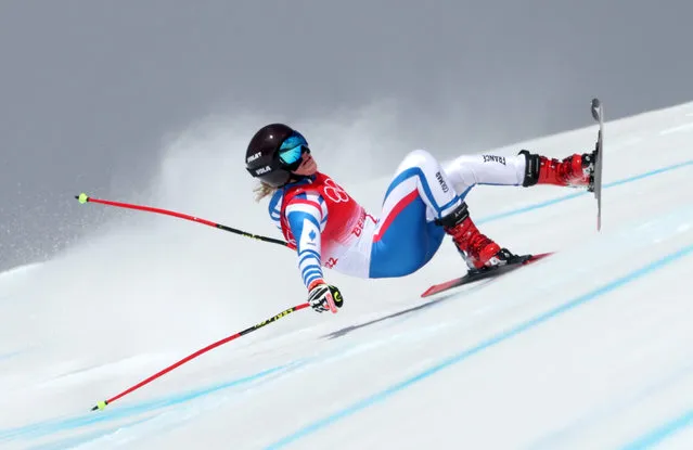 Camille Cerutti of Team France crashes during the Women's Downhill on day 11 of the Beijing 2022 Winter Olympic Games at National Alpine Ski Centre on February 15, 2022 in Yanqing, China. (Photo by Tom Pennington/Getty Images)