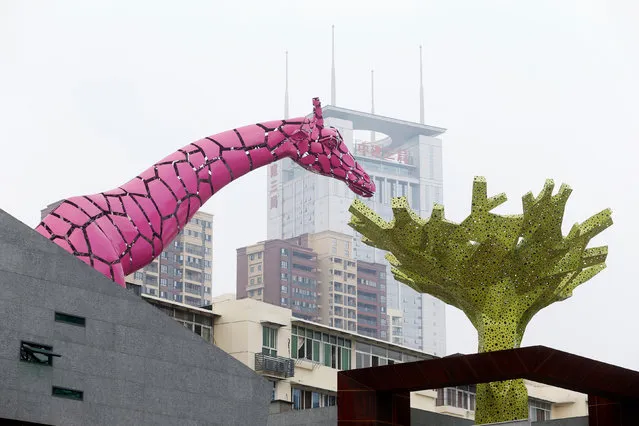 Decorations of a giraffe and a green plant are seen installed at a metro station in Wuhan, Hubei Province, China, May 10, 2016. (Photo by Reuters/China Daily)