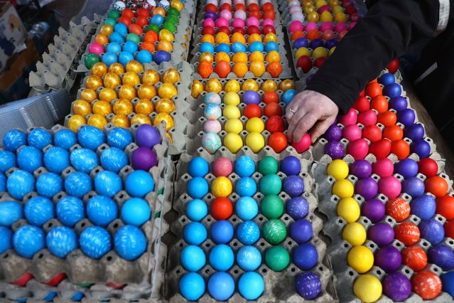 Hand-painted Easter eggs for sale at a farmers market in Belgrade, Serbia, 14 April 2023. Orthodox Christians will celebrate Easter on 16 April. (Photo by Andrej Cukic/EPA/EFE)