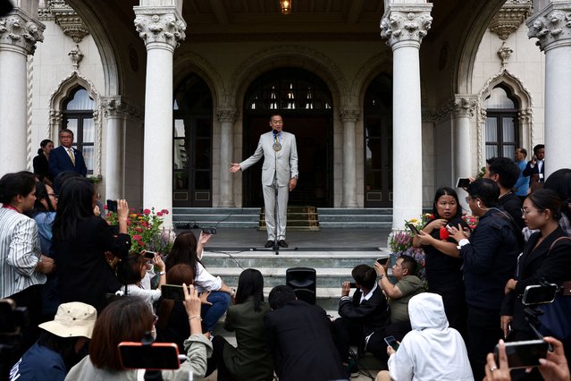 Recently dismissed Thailand's Prime Minister, Srettha Thavisin speaks to members of media after Thailand's Constitutional Court ruled on dismissal case at the Government House, in Bangkok, Thailand on August 14, 2024. (Photo by Chalinee Thirasupa/Reuters)