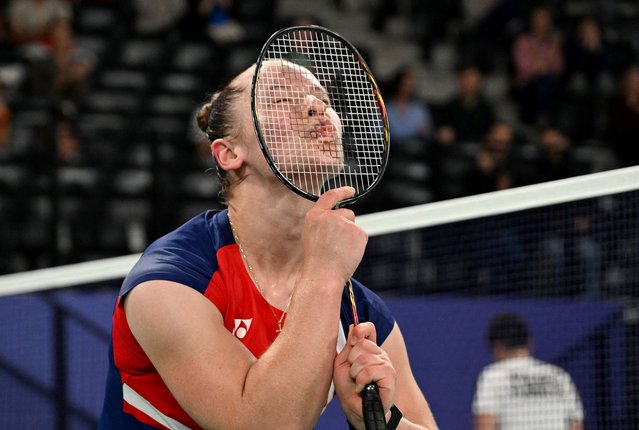 Oksana Kozyna of Ukraine celebrates after winning her match against Halime Yildiz of Turkey in women's badminton singles SL3 quarterfinals in Paris, France on September 1, 2024. (Photo by Jennifer Lorenzini/Reuters)