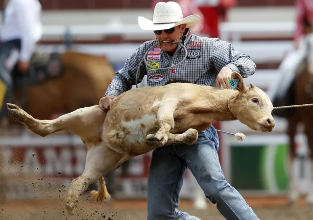 Tuf Cooper of Decatur, Texas, flips a calf in the tie-down roping event during day 1 of the rodeo at the 102 Calgary Stampede in Calgary, Alberta, July 4, 2014. (Photo by Todd Korol/Reuters)