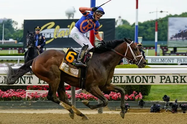 Mo Donegal (6), with jockey Irad Ortiz Jr. up, crosses the finish line to win the 154th running of the Belmont Stakes horse race, Saturday, June 11, 2022, at Belmont Park in Elmont, N.Y. (Photo by Frank Franklin II/AP Photo)