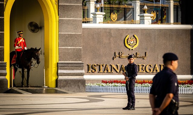 The Equestrian Unit of the Palace Guard is seen standing guard during the arrival of representatives of state dignitaries during the Coronation Day of the Yang Di-Pertuan Agong, Sultan Ibrahim ibni Sultan Iskandar at the National Palace, Kuala Lumpur, Malaysia on July 20, 2024. Sultan Ibrahim is the ruler of modern Johor, ascending to the throne following the death of his father, Sultan Iskandar, in 2010, and has been officially installed as the 17th Agong starting from 31 January 2024 for five years. (Photo by Syaiful Redzuan/Anadolu via Getty Images)