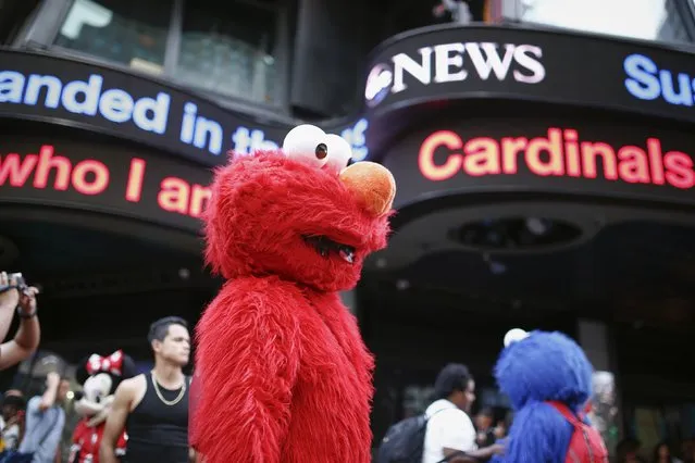 Jorge, an immigrant from Mexico, looks to make tips for photographs while dressed as the Sesame Street character Elmo in Times Square, New York July 30, 2014. (Photo by Eduardo Munoz/Reuters)