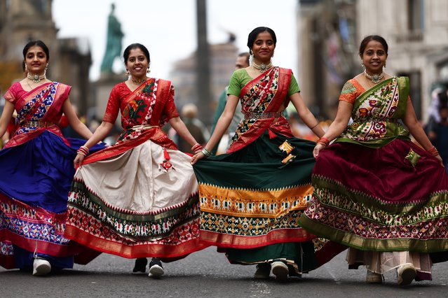 Performers take part in the 10th Diwali Celebrations on November 03, 2024 in Edinburgh, Scotland. Diwali, also known as Deepavali, is the Hindu festival of lights celebrated each autumn. (Photo by Jeff J. Mitchell/Getty Images)
