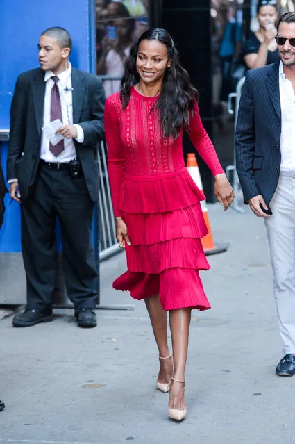 Actress Zoe Saldana leaves the “Good Morning America” taping at ABC Times Square Studios on July 18, 2016 in New York City. (Photo by Ray Tamarra/GC Images)