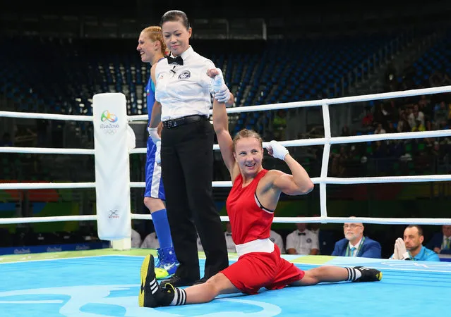 Tetyana Kob of Ukraine celebrates victory over Stanimira Petrova of Bulgaria in the Women's Flyweight (48-51kg) Preliminaries on Day 6 of the 2016 Rio Olympics at Riocentro – Pavilion 6 on August 12, 2016 in Rio de Janeiro, Brazil. (Photo by Alex Livesey/Getty Images)