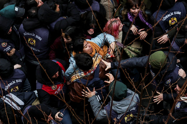 Police officers confront university students taking part in a protest against the detention of Istanbul Mayor Ekrem Imamoglu, in Istanbul, Turkey, on March 20, 2025. (Photo by Umit Bektas/Reuters)