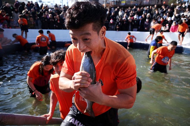 A man pretends to eat the trout he caught with his hands in the icy water during an event promoting the Hwacheon Ice Festival in Hwacheon, south of the demilitarized zone (DMZ) separating the two Koreas, South Korea on January 6, 2024. (Photo by Kim Hong-Ji/Reuters)