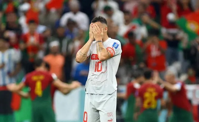 Granit Xhaka of Switzerland appears dejected during the FIFA World Cup Qatar 2022, Round of 16 match between Portugal and Switzerland at Lusail Stadium on December 6, 2022 in Lusail City, Qatar. (Photo by Hannah Mckay/Reuters)