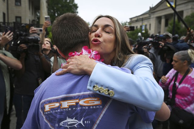 Karen Read embraces a supporter as she leaves the courthouse at the start of the third day of jury deliberations in her trial at Norfolk Superior Court, Wednesday, June 18, 2025, in Dedham, Mass. (Photo by Josh Reynolds/AP Photo)
