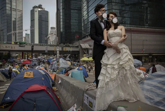 A young Hong Kong couple who did not give their names wear gas masks as they pose for a wedding photographer prior to their marriage next to the tents used by pro-deocracy demonstrators at the Admiralty protest site  in Hong Kong, on November 14, 2014. (Photo by Kevin Frayer/Getty Images)