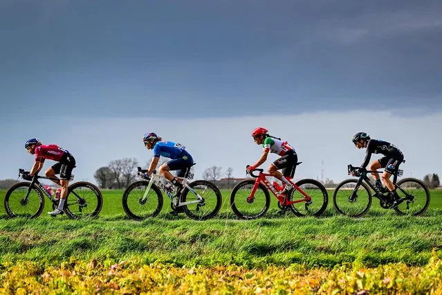 SD Worx's Dutch rider Lorena Wiebes (L), Canyon-SRAM's Dutch rider Maike Van Duin, Trek-Segafredo's Italian rider Elisa Balsamo and Team DSM's British rider Pfeiffer Georgi cycle during the women's elite race of the 'Classic Brugge-De Panne' one-day cycling race, 159,5 km from Brugge to De Panne, on March 23, 2023. (Photo by Dirk Waem/Belga via AFP Photo)