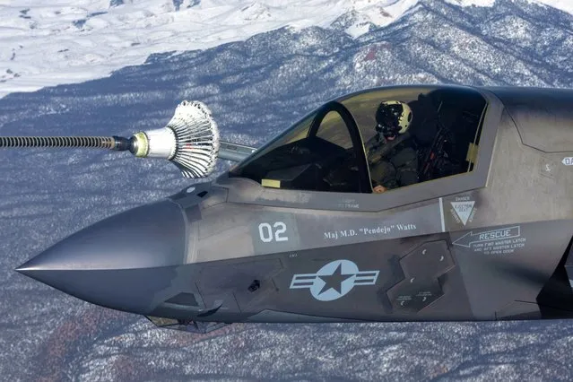 A F-35B aircraft from the U.S. Air Force refuels during the annual Red Flag military exercise between the United States, Britain and Australia, in Nevada, U.S., February 8, 2023. (Photo by Carlos Barria/Reuters)