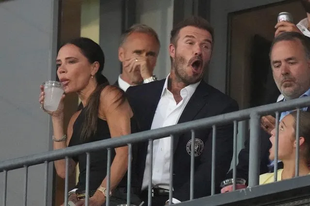 David Beckham, front center, jokes around as his wife, Victoria Beckham, sits on his lap before a Leagues Cup soccer match between Inter Miami and FC Dallas on Sunday, August 6, 2023, in Frisco, Texas. (Photo by L.M. Otero/AP Photo)