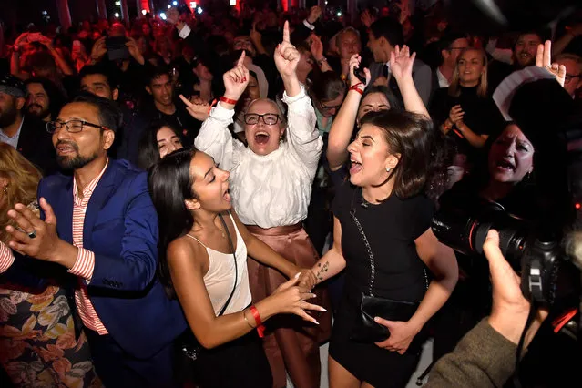 Supporters react at the Social Democratic Party' s election party in Stockholm, on September 9, 2018. - Sweden' s Social Democrats are tipped to be the country' s biggest party after Sunday' s election on September 9, 2018, with the far- right Sweden Democrats trailing in third place, a TV4 exit poll predicted shortly before polling stations closed. (Photo by Claudio Bresciani/AFP Photo/TT News Agency)
