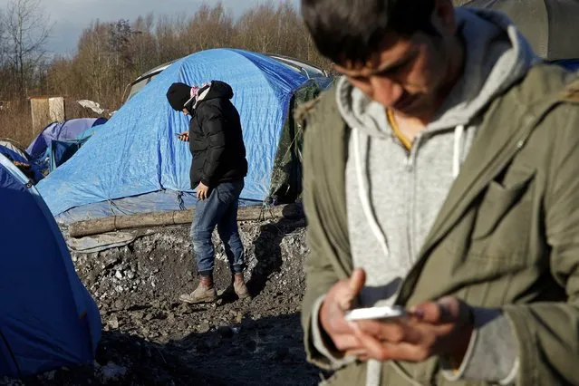 Migrants check their mobile phones next to shelters in a muddy field called the Grande-Synthe jungle, near Dunkirk, northern France, January 12, 2016. (Photo by Benoit Tessier/Reuters)