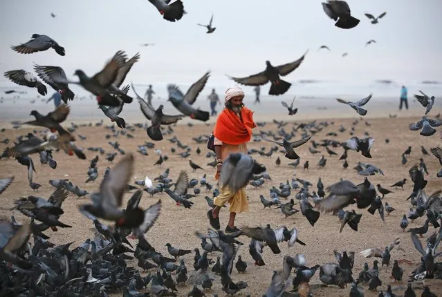 A Hindu holy man asks for alms as he walks amongst birds flying at a beach along the Arabian Sea in Mumbai February 11, 2015. (Photo by Danish Siddiqui/Reuters)