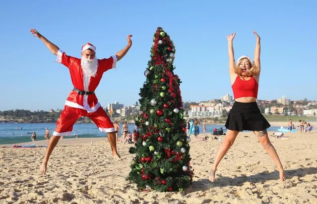 Jason Ramsay and Amy Laverty, from Arbroth, Scotland, pose beside a large Christmas tree at Bondi Beach on December 25, 2016 in Sydney, Australia. Bondi Beach is a popular tourist destination on Christmas Day. (Photo by Don Arnold/Getty Images)