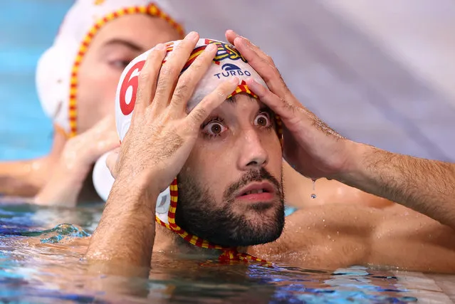 Marc Larumbe Gonfaus of Spain reacts during the water polo game against Kazakhstan at Tatsumi Water Polo Centre in Tokyo, Japan on July 29, 2021. (Photo by Kacper Pempel/Reuters)