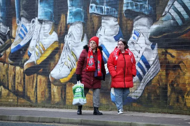 Fans outside Prenton Park before the Women's FA Cup match between Liverpool and Leicester City in Birkenhead, England on March 9, 2024. (Photo by Ed Sykes/Action Images via Reuters)